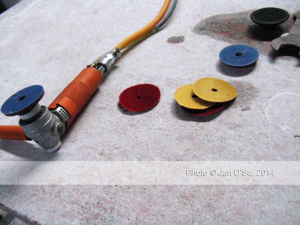 The heavy-duty burnishing tools to sand down the finished marble pieces, very similar to what I use when I sand down my handcrafted resin rings